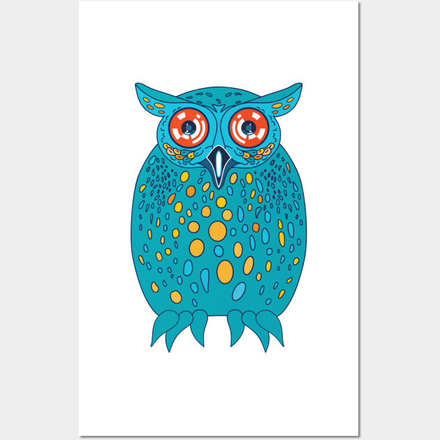 Friendly thoughtful night owl with big binocular eyes in turquoise Wall Art by IngaDesign